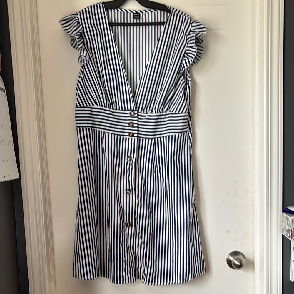 Striped V-Neck Dress with Ruffle Sleeves